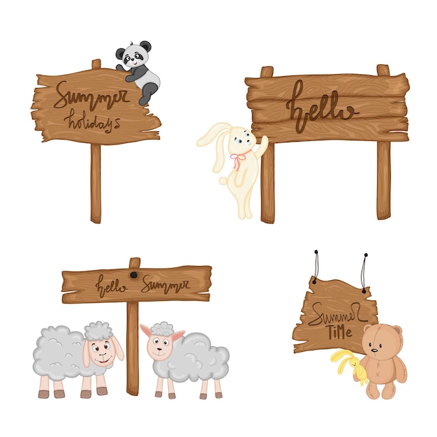 Set con simpatici animali vicino all'insegna di legno con le iscrizioni sul tema estivo nel vettore. illustrazione del fumetto.