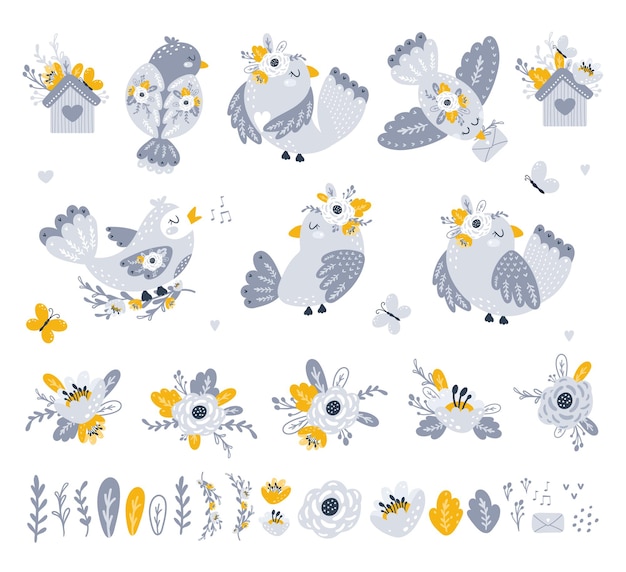 Set with cute birds and flowers Vector