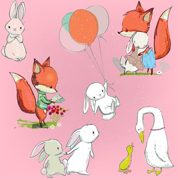 Set with cute cartoon animals  hares fox and duck