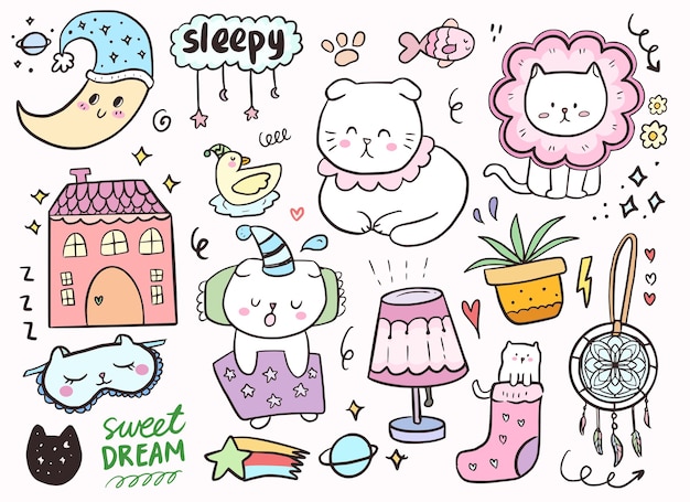 Set with cute cat sleeping. cat cartoon doodle drawing with moon and houses.