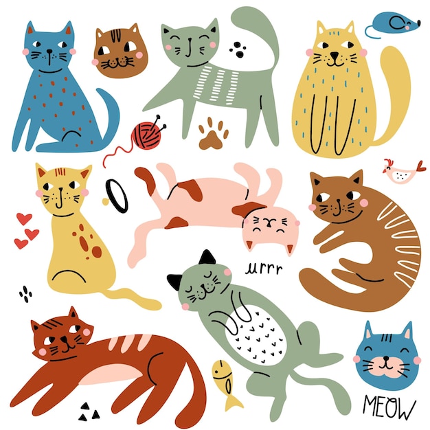 Vector set with cute cats in different poses in doodle style hand drawn vector illustration isolated on white background for baby fabric