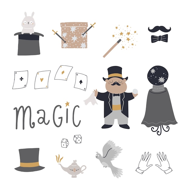 Вектор Набор с элементами милых персонажей для трюков шляпа кролик волшебная палочка волшебная шкатулка голубь карты детская иллюстрация