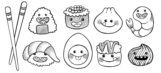 Vettore set con simpatici disegni di cibo asiatico. cibo giapponese. personaggi sorridenti divertenti, kawaii.