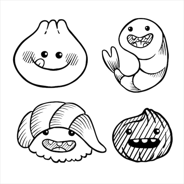 set with cute drawings of asian food. Japanese food. funny smiling characters, kawaii.