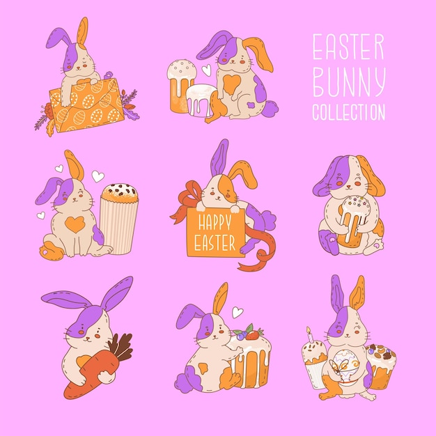Set with cute easter bunny festive sweets cake egg illustration for the decoration of the spring holiday easter religious symbol of the rebirth of life after death vector illustration