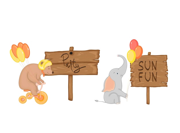 Vector set with cute elephant and bear on a bicycle near wooden signboard with the inscriptions on the summer theme in vector. cartoon illustration.