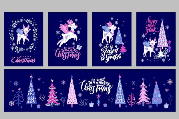 Set with cute fairy deers and christmas trees