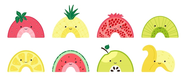 Set con un simpatico arcobaleno di frutta. personaggi di frutti colorati. illustrazione con fette di anguria, mela, ananas, melograno, limone, ciliegia, kiwi, banana, fragola su sfondo bianco. vettore