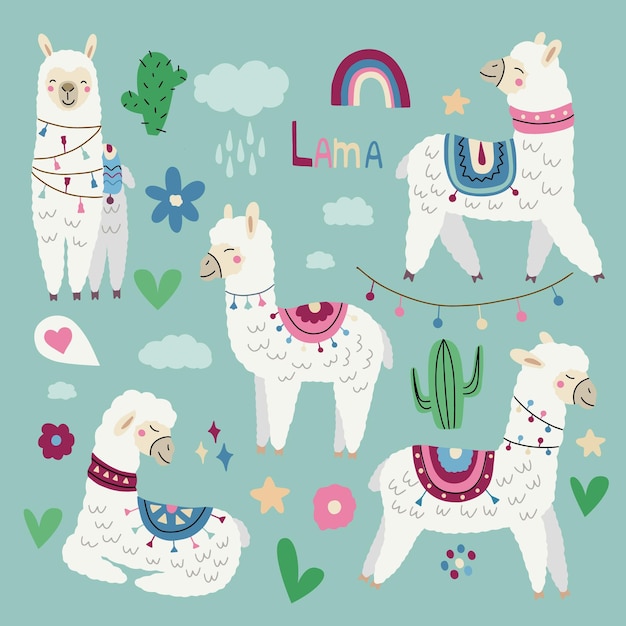 Set with cute lamas in different poses Vector illustration for decorating nursery and textile