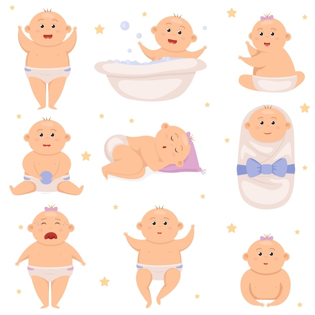 Set with cute little baby boy in diaper active baby infant new born toddler babies activity cute