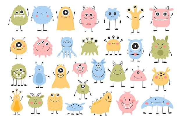 Vector set with cute monsters in flat style hand drawn kids monsters vector illustration isolated mascot