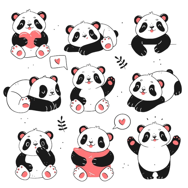 A set with cute panda characters in a linear doodle style Vector isolated animal illustration