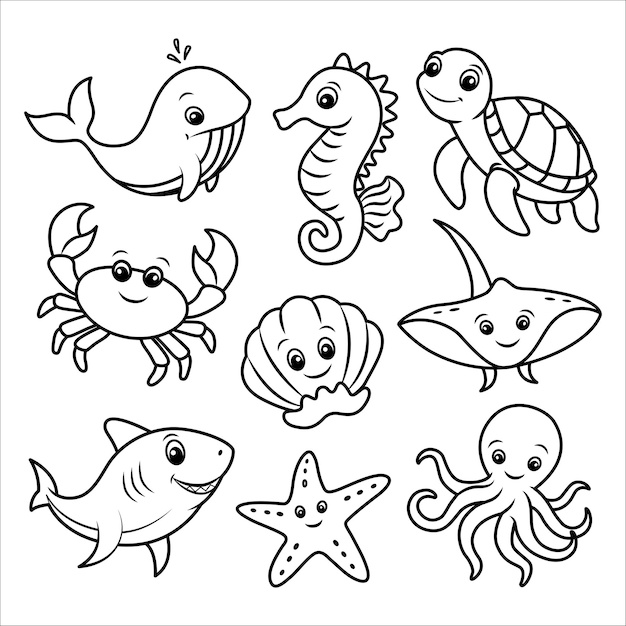 Vector a set with cute sea animals turtle shark whale seahorse octopus crab starfish and stingray vector