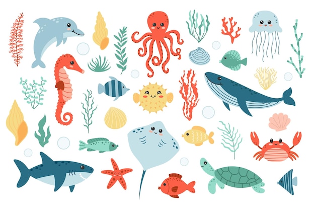 Vector set with cute sea life elements cartoon vector illustration