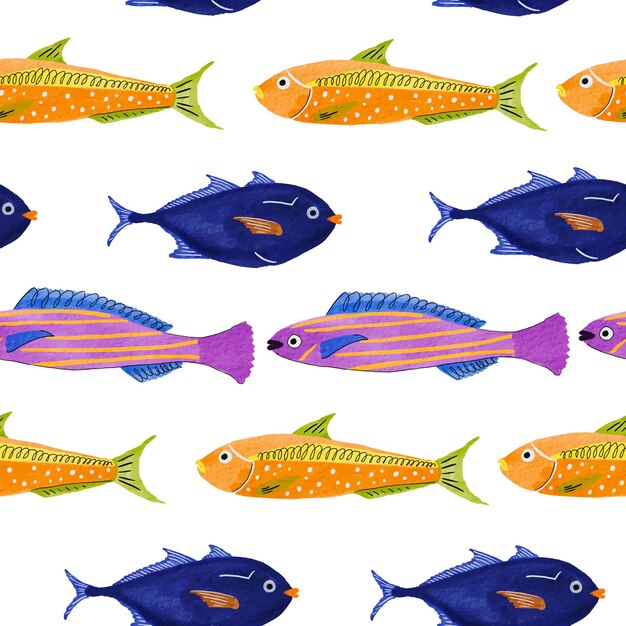 Set with cute tropical fish animals illustration. Bright color pattern repeating. Vector