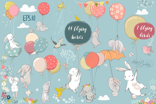 Set with cute white flying hares and birds