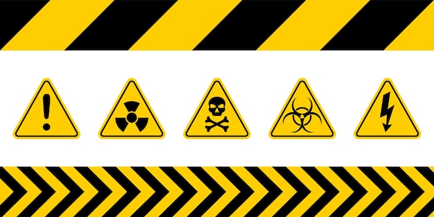 Vector set with danger signs. triangle and ribbon warning label. hazard marks.