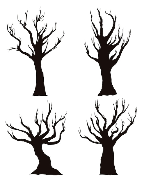 Set with dark silhouettes of four dry trees over white background