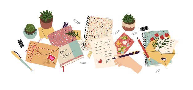 Set with Decorative compositions with stationery keeping a diary writing letters daily pleasures Cute house plants Objects on the table Top view Flat style in vector illustration