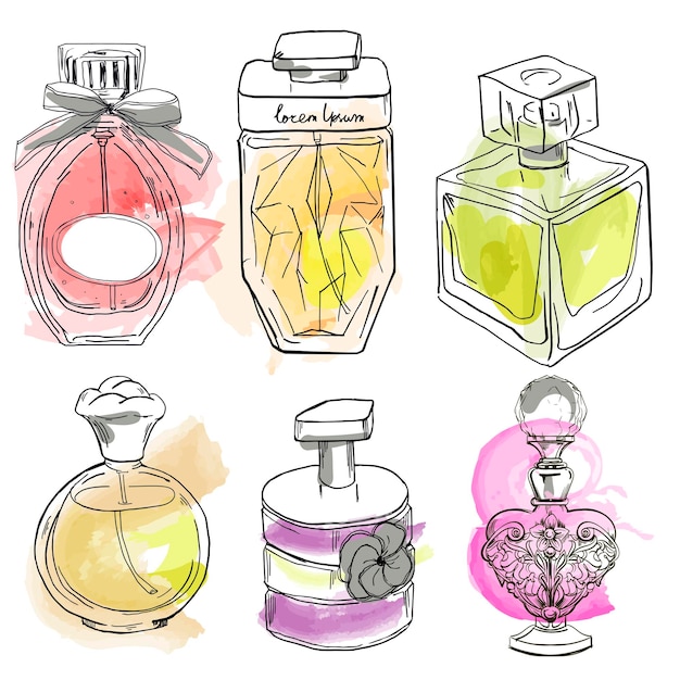 Vector set with different bottles of perfumes. vector illustration