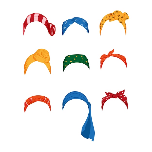 Vettore set con illustrazione vettoriale di bandana per capelli da donna di colore diverso in uno stile piatto cartone animato isolato su priorità bassa bianca.