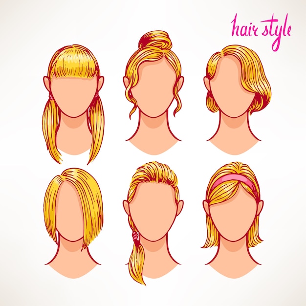 Set with different hairstyles. blonde. hand-drawn illustration