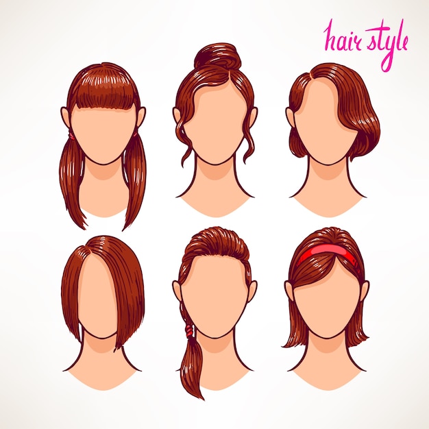 Vector set with different hairstyles. brunette. hand-drawn illustration - 2