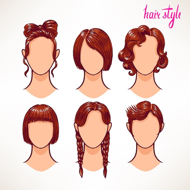 Vector set with different hairstyles. brunette. hand-drawn illustration