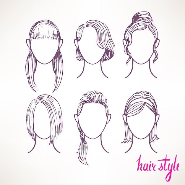 Vector set with different hairstyles. hand-drawn illustration