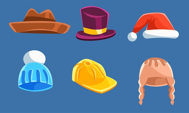 Vettore set con diversi tipi di cappelli e copricapi illustrazione vettoriale personaggio di cartone animato