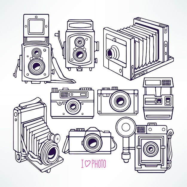 Vector set with different vintage cameras. hand-drawn illustration