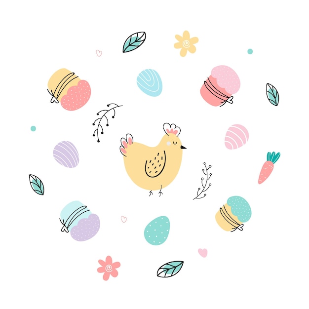 Set with Easter elements eggs, chicken, cake. Design for Easter. Flat cartoon vector illustration