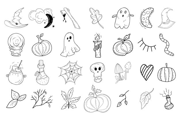 Set with elements for halloween in doodle style on the background