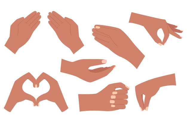 A set with empty human hands The hand holds gives depicts a heart gesture holds with two fingers a pinch gesture Cartoon darkskinned hands Vector illustration isolated on a white background