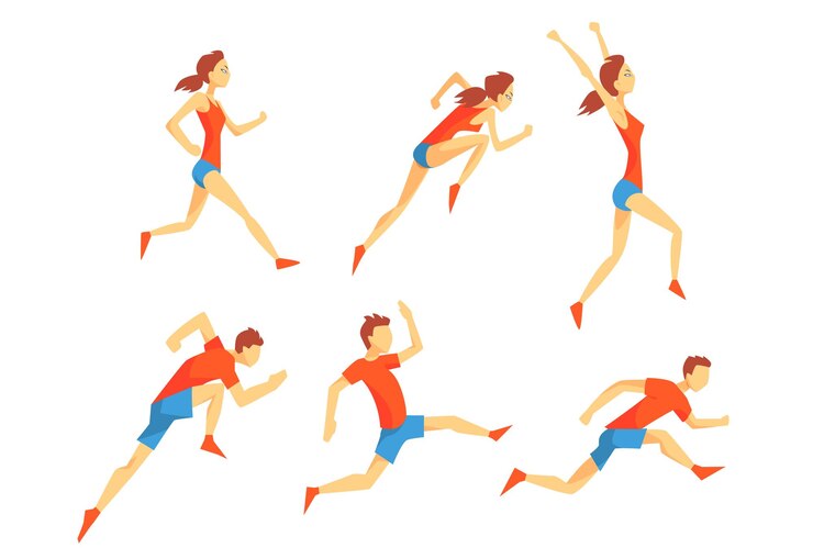 Vector set with energetic man and woman in running action athletes in sportswear cartoon characters of professional runners active sport people colorful flat vector design isolated on white background