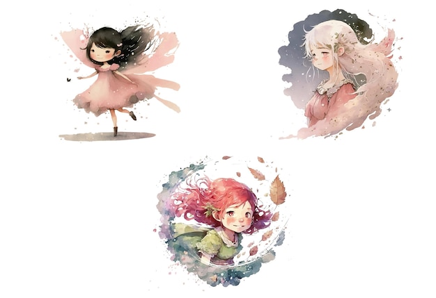 Set with fairies in watercolor style Isolated vector illustration