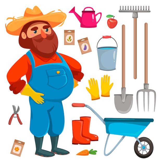 Set with a farmer man and different tools for working in the garden and garden a shovel a rake