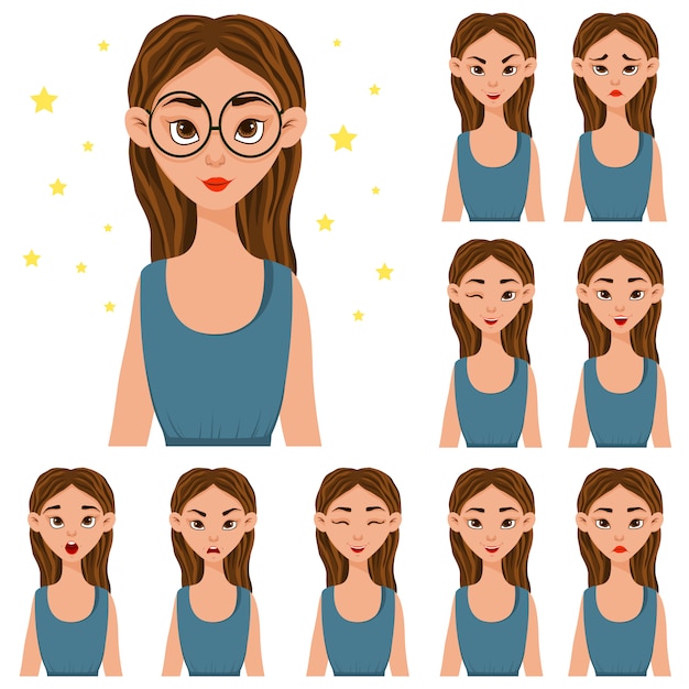 Vector set with a female character in blue clothes with different facial expressions.