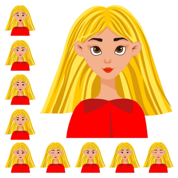 Vector set with a female character with different facial expressions and emotions. cartoon style. vector illustration.