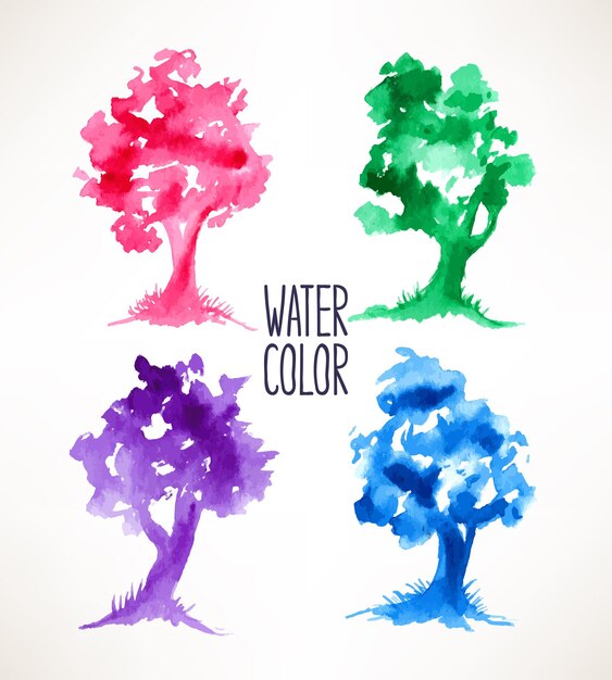 Vector set with four beautiful colorful watercolor trees. hand-drawn illustration