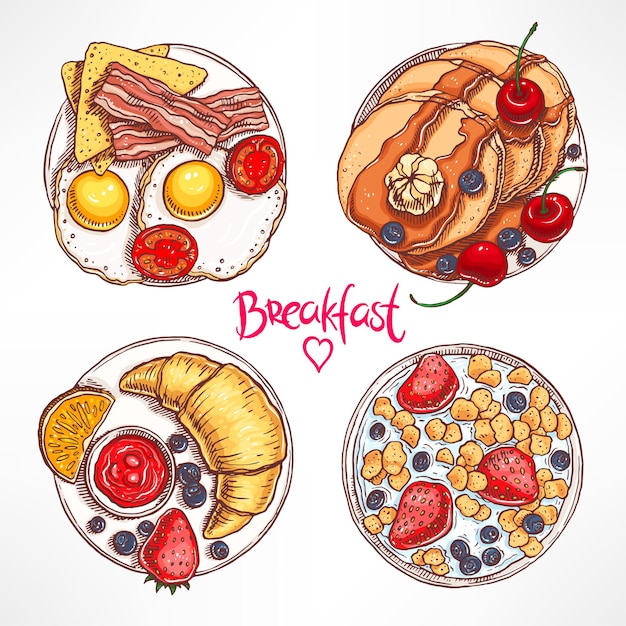 Set with four different types of breakfast. hand-drawn illustration