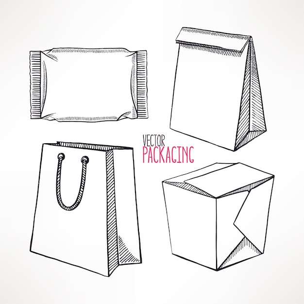 Set with four different types of sketch packaging. Hand-drawn illustration