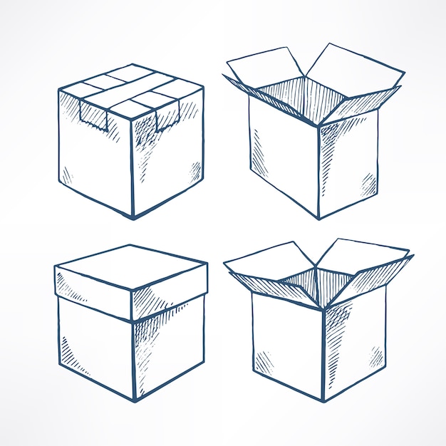 Set with four sketch boxes. open and closed boxes. hand-drawn illustration