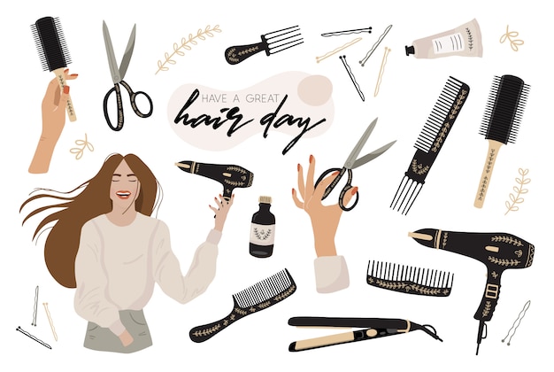 Vector set with hair stylist elements.