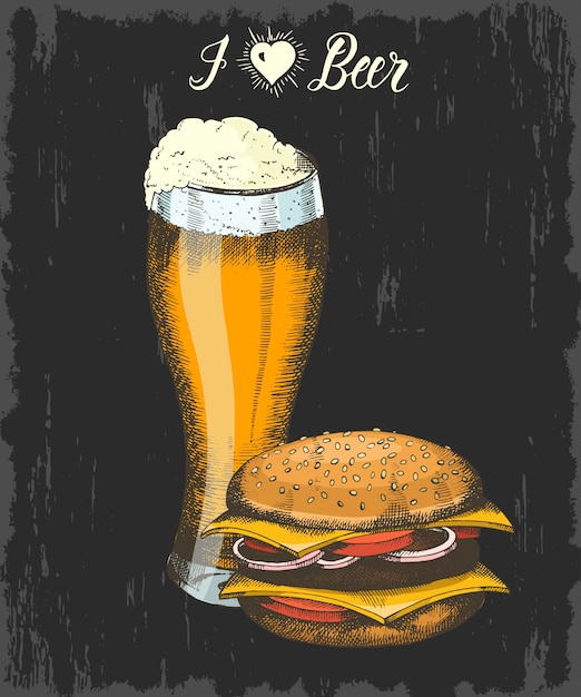 Set with hand drawn goblet of beer and burger. Hand made lettering. Sketch. Oktoberfest objects for menu, poster, banner