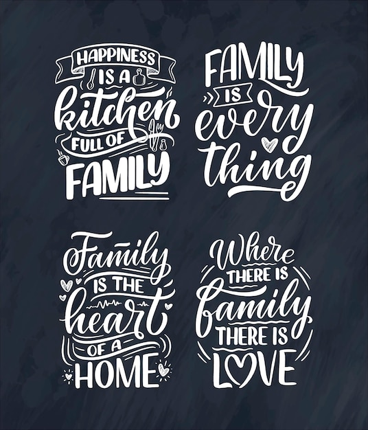 Set con citazione di lettere disegnate a mano in stile moderno di calligrafia sulla famiglia