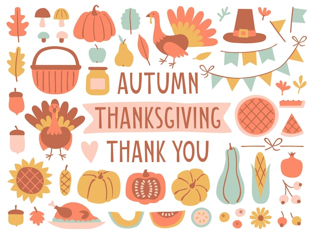 Набор с нарисованными вручную пастельными элементами на день благодарения в плоском стиле Осенняя коллекция