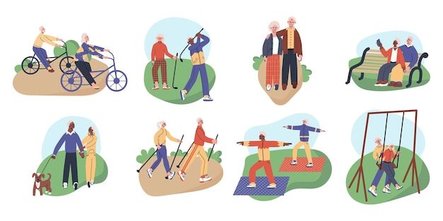 Vector set with happy active senior couples elderly man and woman grandmother and grandfather flat vector