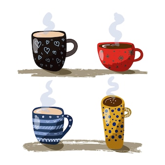 Set con tazze calde di tè e caffè collezione di tazze multicolori con diverse bevande con vapore