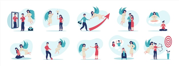 Vector set with isolated angels people flat compositions with humans getting advice from angels in various situations vector illustration